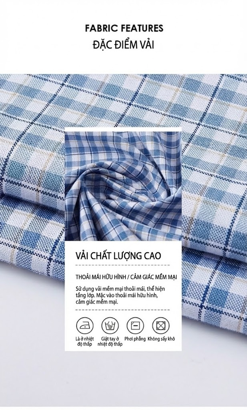 Áo Sơ Mi Nam Ngắn Tay Cotton Lụa Băng Chống Nhăn Kẻ Caro Màu Xanh Dương, Trắng chi tiết 2