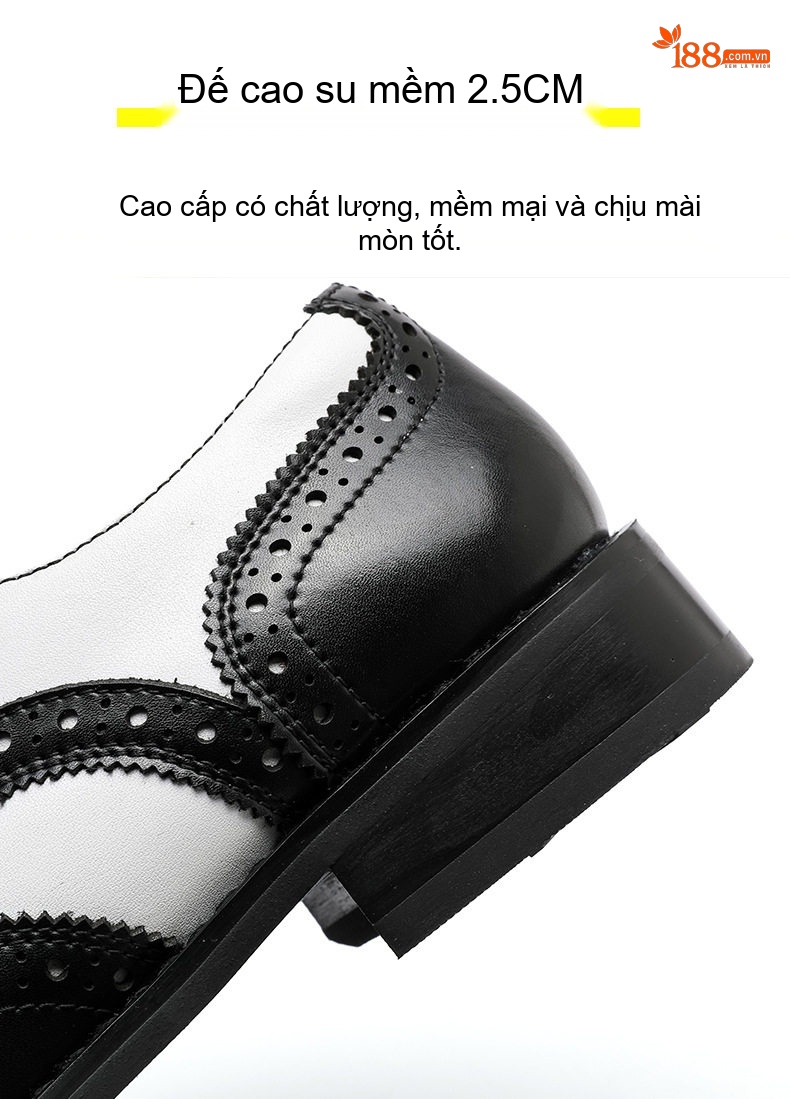 Giày Tây Buộc Dây Nam Da Thật Brogue Phối Màu Chiều Cao Đế Khoảng 3cm Màu Đen, Trắng, Nâu chi tiết 8