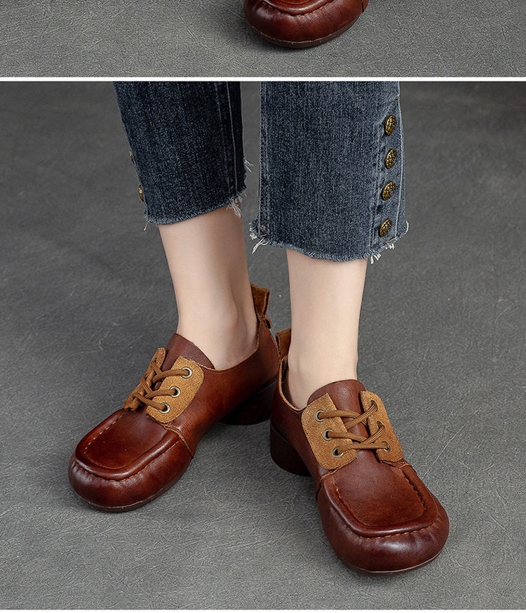 Giày Búp Bê Nữ Buộc Dây Da Mờ Chiều Cao Đế Khoảng 3cm Màu Nâu chi tiết 7
