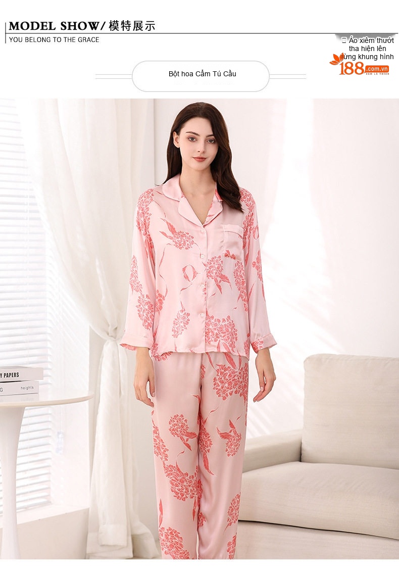 Bộ Đồ Ngủ Nữ Lụa Tơ Tằm 100% Dài Tay In Hoa Mùa Xuân Thu chi tiết 5