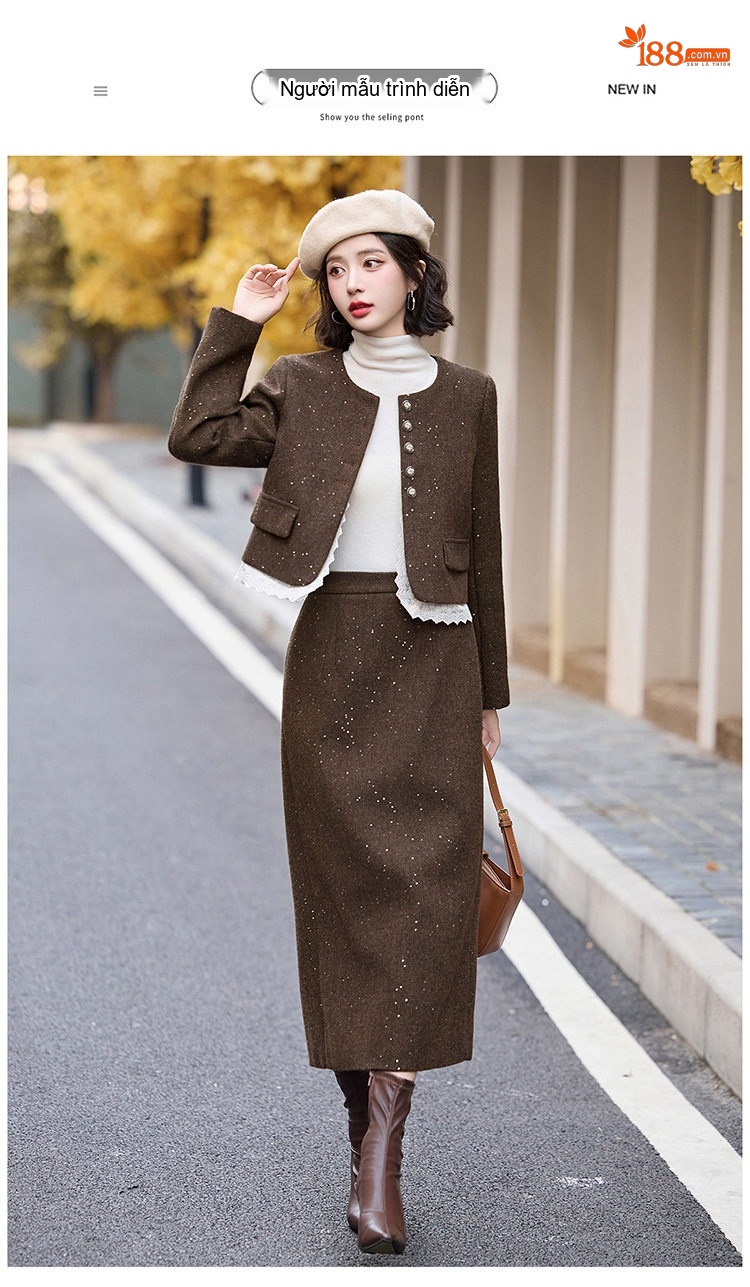 Set Áo Khoác Lửng và Chân Váy Nữ Vải Tweed Phong Cách Tiểu Thư Màu Nâu, Xám chi tiết 10