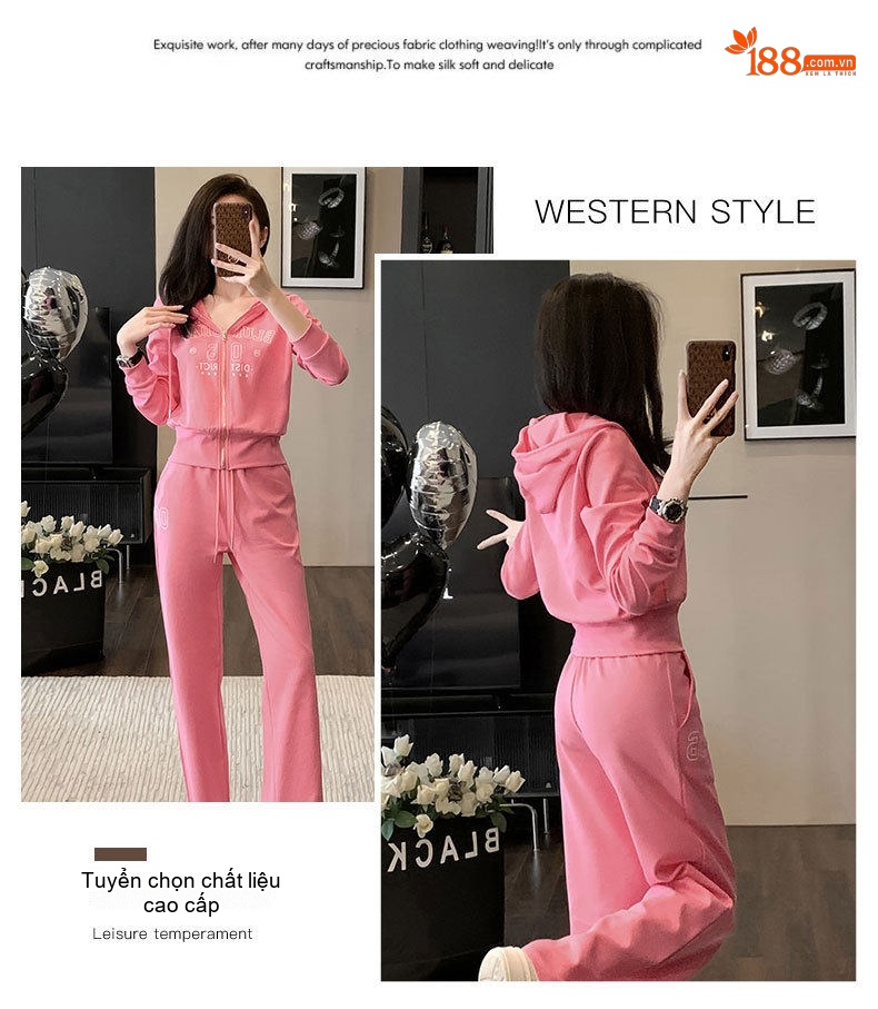 Bộ Quần Áo Nữ Thu Đông Phong Cách Hàn Quốc Cao Cấp, Áo Khoác Có Mũ Và Quần Ống Rộng Màu Hồng, Trắng chi tiết 3