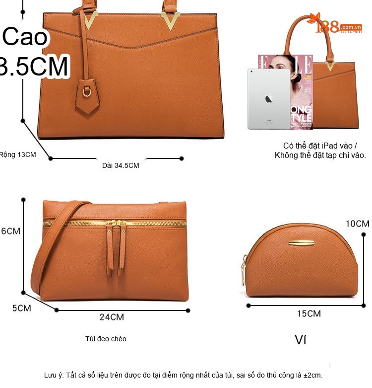 Bộ Túi Xách Tay Nữ Da Bóng 4 Món Sức Chứa Lớn Đeo Chéo Màu Nâu, Đen chi tiết 10
