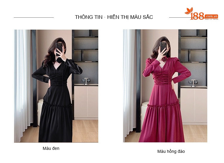 Váy Dài Nữ dáng chữ A Chiết Eo Cổ chữ V Chất Liệu Satin Màu Đỏ Rượu Vang, Đen chi tiết 4