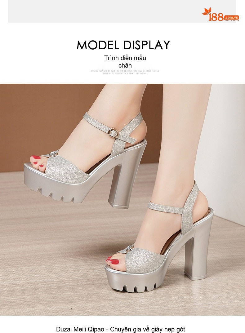 Giày Sandal Cao Gót Nữ Quai Ngang Hở Ngón Gót Cao 13cm Màu Bạc, Vàng, Đen chi tiết 7
