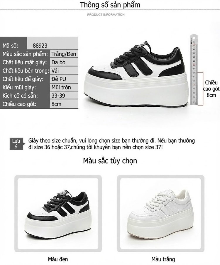 Giày Thể Thao Nữ Đế Cao Chiều Cao Đế Khoảng 5cm Phối Màu Đen, Trắng chi tiết 5