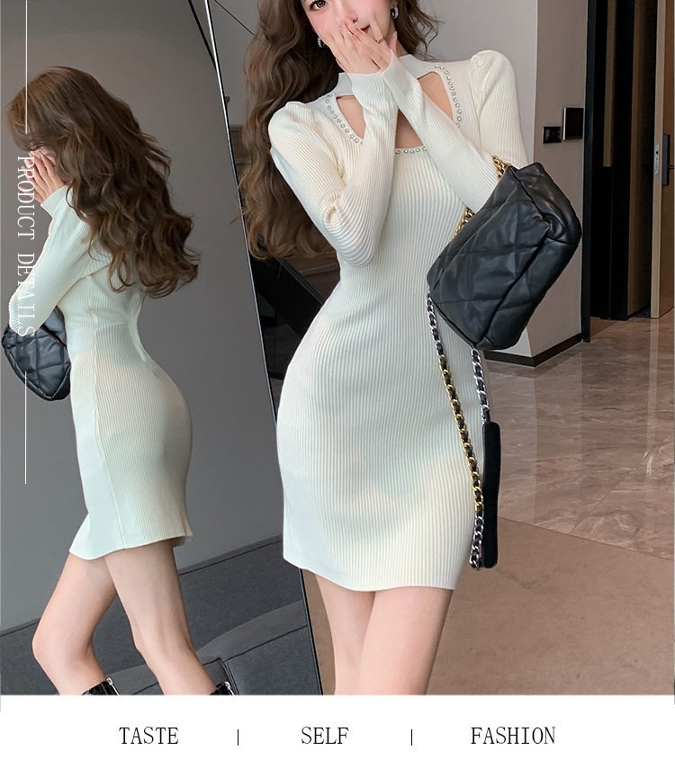 Váy Ôm Body Dệt Kim Đính Hạt Cổ Điển Tay Dài Màu Trắng Kem, Nâu, Đen chi tiết 2