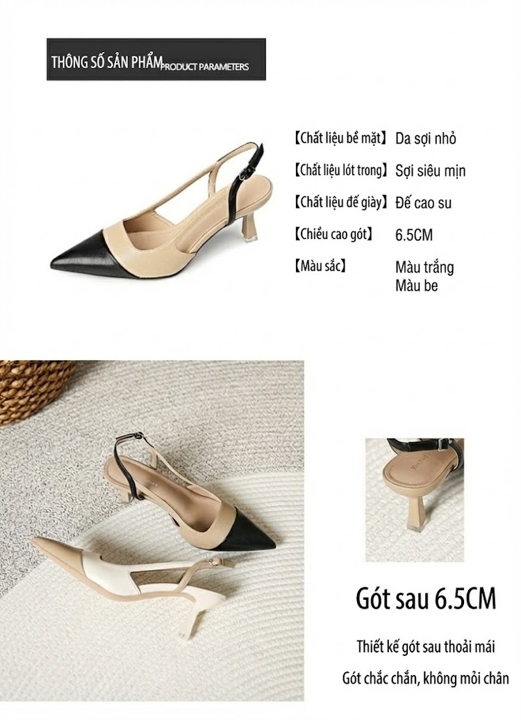 Giày Sandal Cao Gót Nữ Slingback Mũi Nhọn Gót Cao 5cm - 6cm Màu Be, Đen chi tiết 3