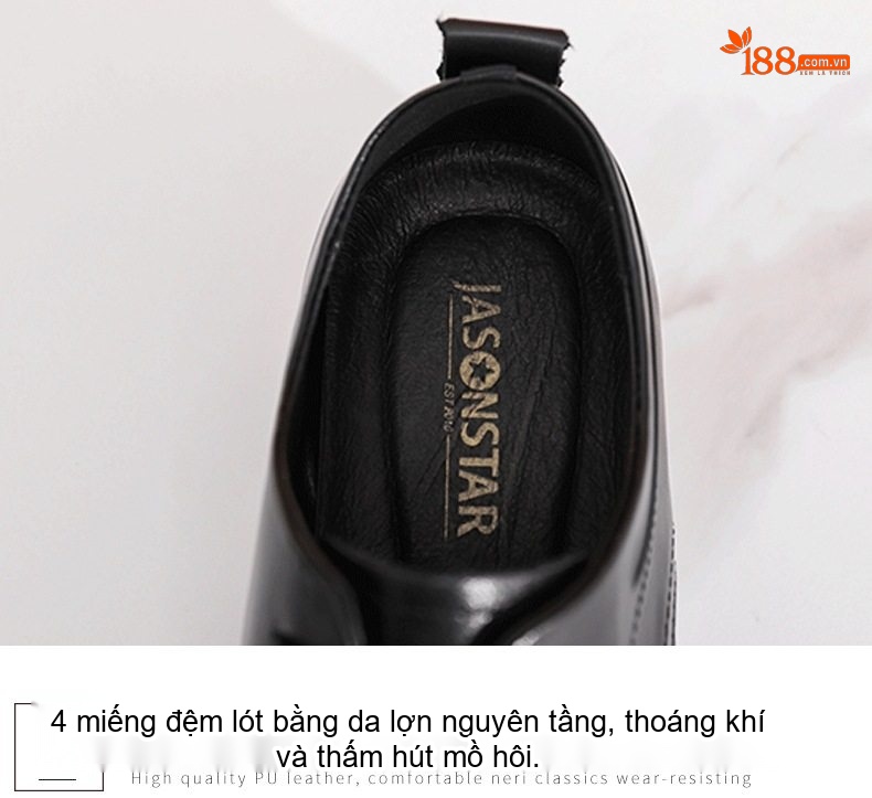 Giày Tây Buộc Dây Nam Da Bò Chiều Cao Đế Khoảng 3cm Màu Đen chi tiết 7