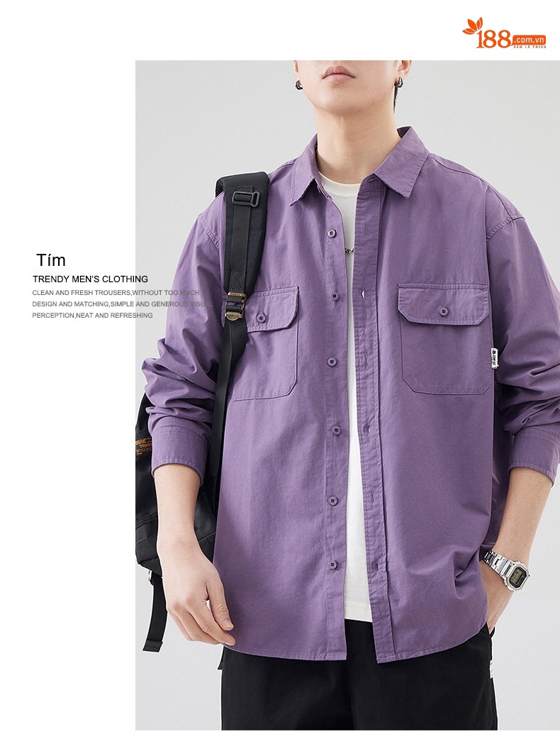 Áo Sơ Mi Nam Tay Dài Cổ Điển Phong Cách Nhật Bản Cotton Màu Tím, Xanh Lá, Kem, Trắng... chi tiết 14