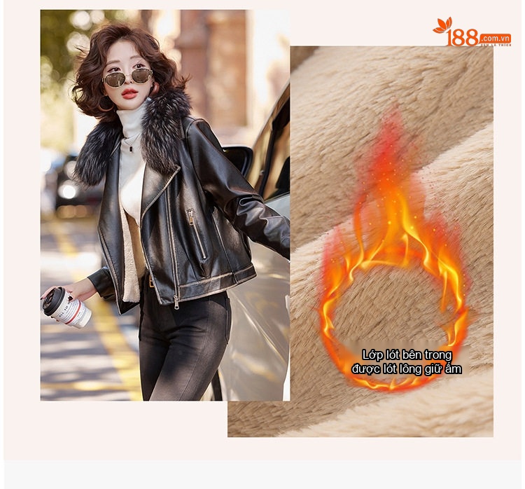 Áo Khoác Da Nữ Cổ Lông Cáo Có Thể Tháo Rời Lót Lông Dày Dặn Màu Nâu chi tiết 6