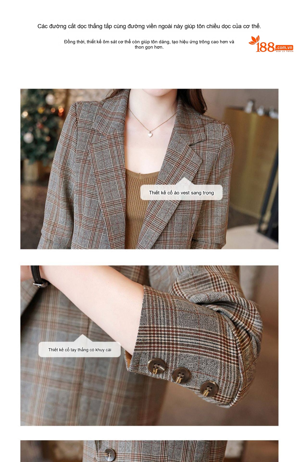 Áo Khoác Blazer Nữ Kẻ Ô Một Nút Phong Cách Thời Trang Thanh Lịch chi tiết 8
