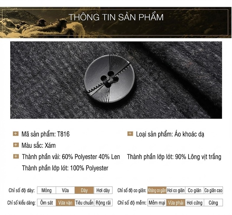 Áo Khoác Dạ Nam Dáng Dài Vừa Kẻ Caro Cổ Bẻ Lót Lông Vũ Tháo Rời Màu Xám chi tiết 11