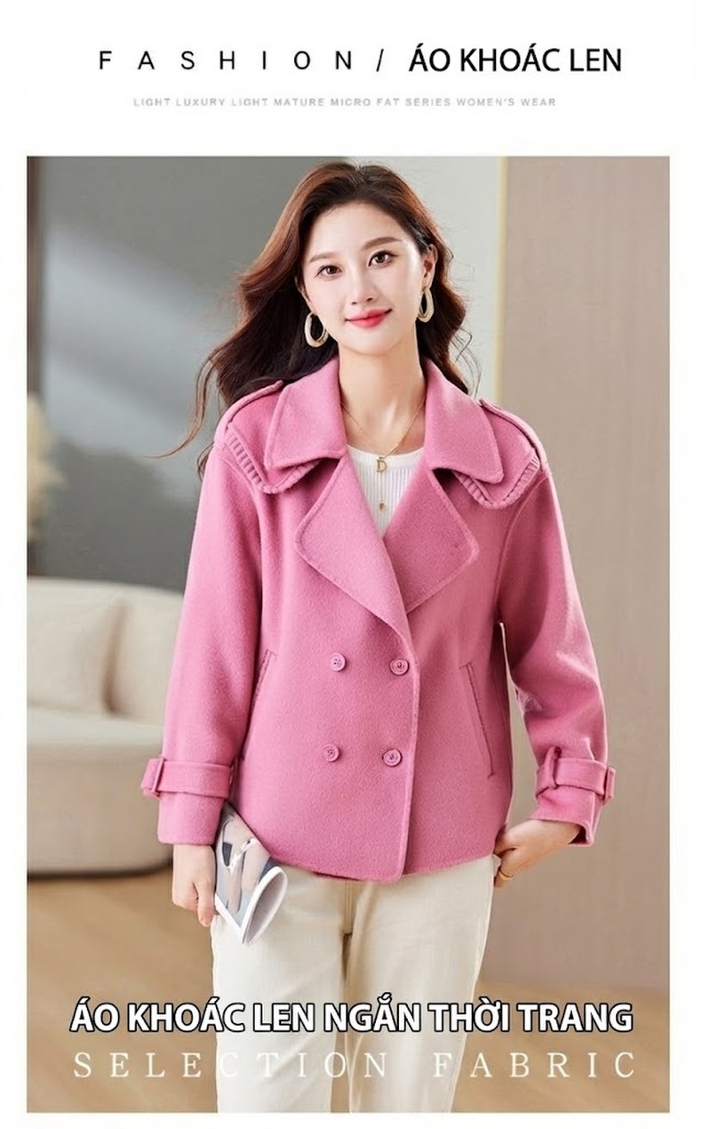 Áo Khoác Dạ Nữ Hai Mặt Dáng Ngắn Cổ chữ Vest Thời Trang Màu Đỏ, Nâu, Đen, Hồng chi tiết 1
