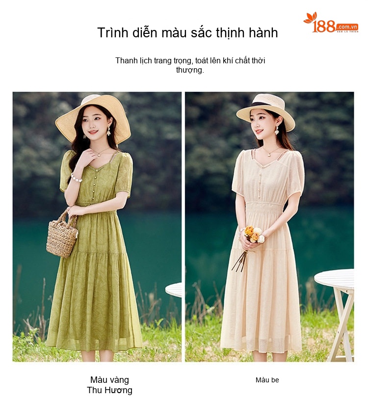 Váy Midi Nữ Tay Ngắn Thiết Kế Thanh Lịch Thoáng Mát Màu Be, Xanh Lá chi tiết 11