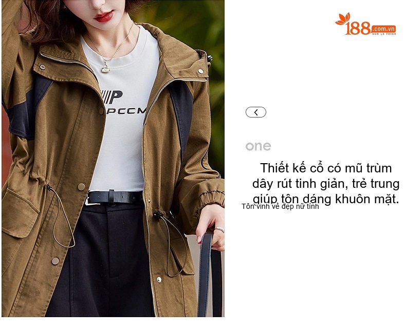 Áo Khoác Gió Dáng Rộng Nữ Trung Niên Có Mũ Trùm Đầu Dây Rút Eo Phong Cách Hàn Quốc Màu Xanh Olive, Đen chi tiết 11