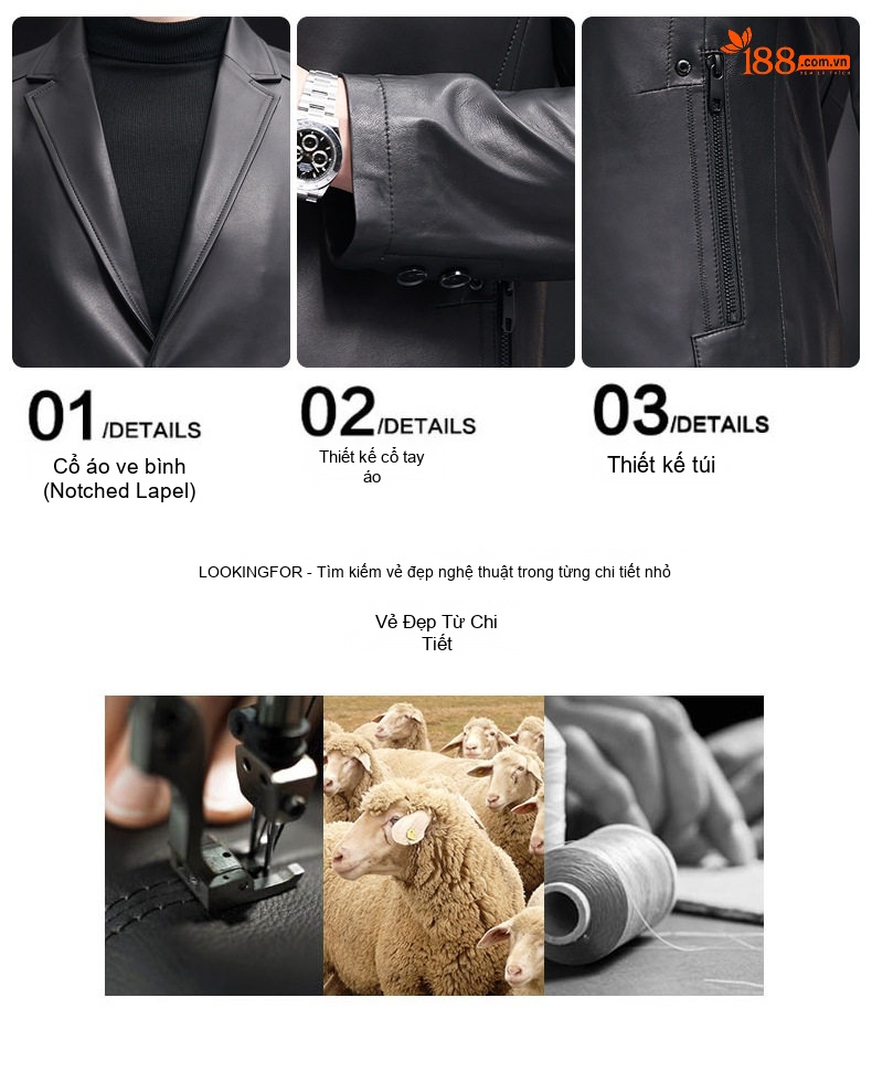 Áo Khoác Blazer Nam Da Cừu Thật Phong Cách Doanh Nhân Màu Đen chi tiết 4