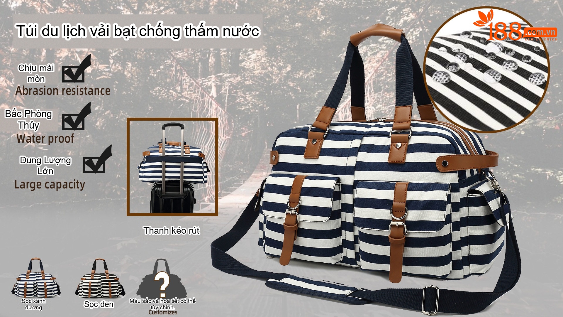 Túi Du Lịch Vải Canvas Da PU Sức Chứa Lớn Đựng Đồ Tập Gym Đi Phượt Màu Xanh Navy Sọc Trắng chi tiết 2
