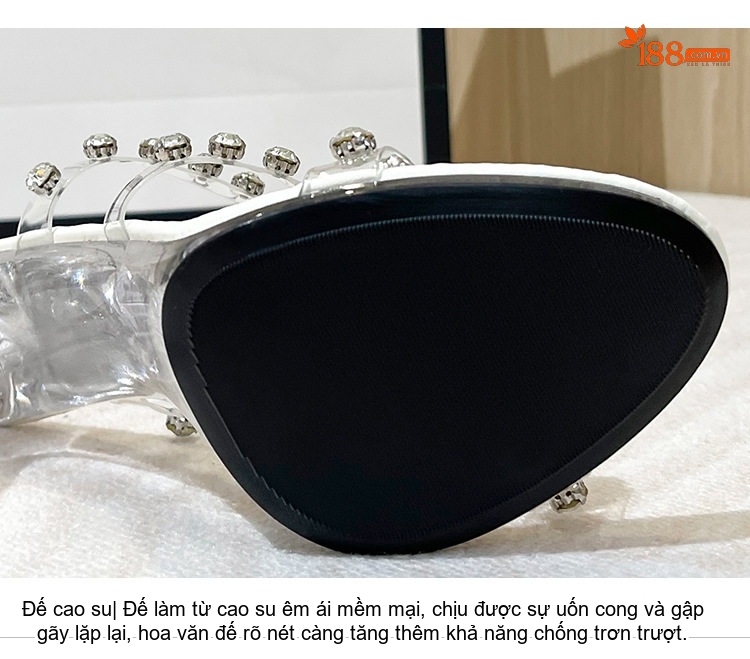 Dép Cao Gót Nữ Quai Trong Suốt Đính Đá Chiều Cao Đế Khoảng 11cm Da Bóng Màu Trắng, Bạc chi tiết 6