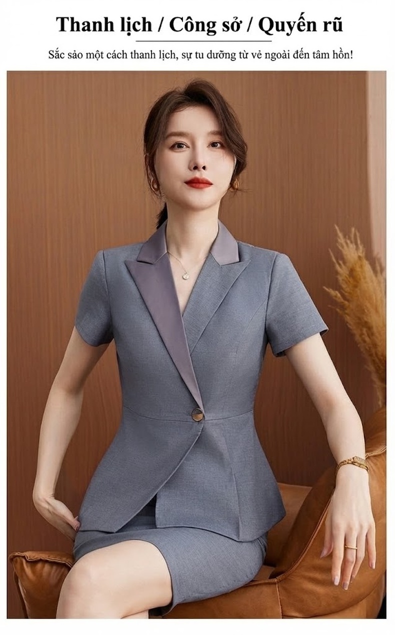 Bộ Vest Công Sở Nữ Tay Ngắn Quần/Chân Váy Màu Xanh Navy, Xám, Đen chi tiết 3