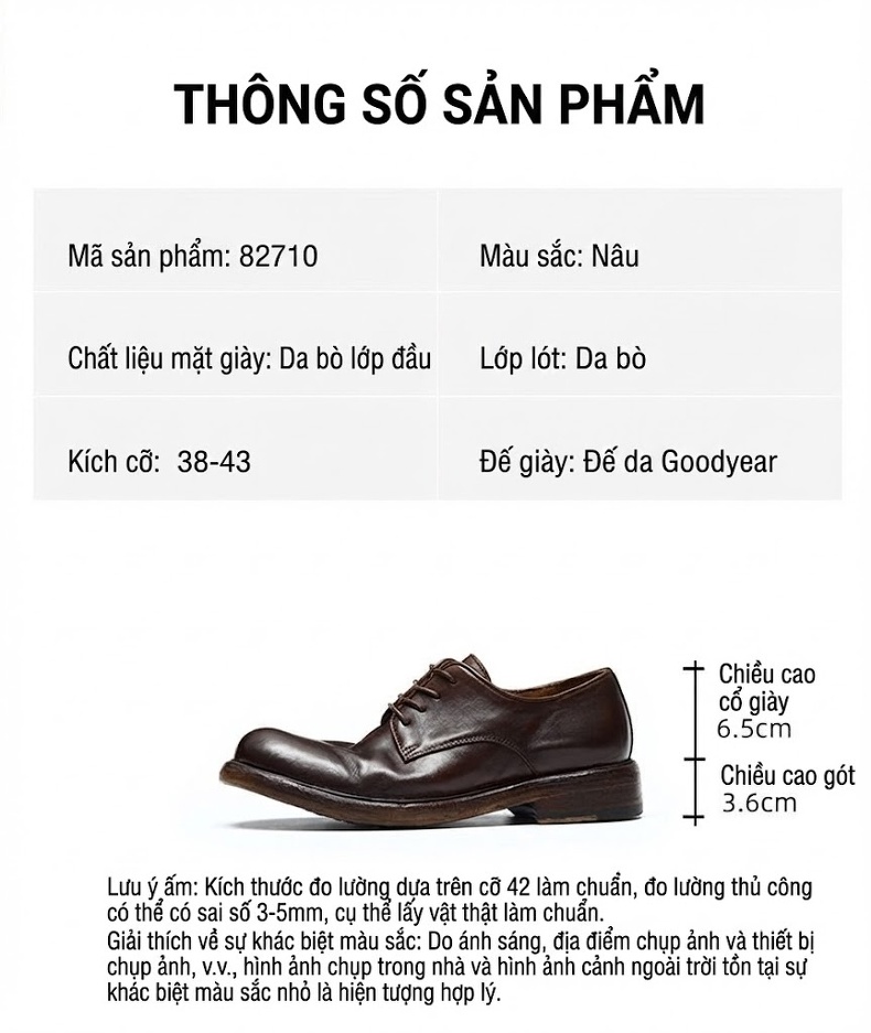 Giày Tây Buộc Dây Nam Da Thật Chiều Cao Đế Khoảng 3cm Màu Nâu chi tiết 4