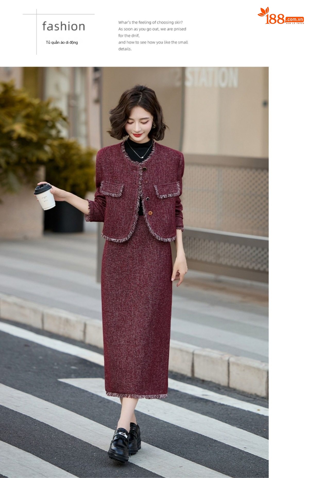 Set Áo Khoác và Chân Váy Tiểu Thư Phong Cách Pháp Thanh Lịch Màu Đỏ chi tiết 20