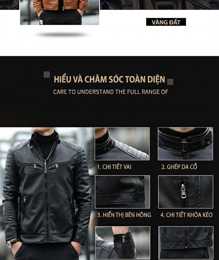 Áo Khoác Da PU Nam Lót Lông Cổ Trụ Giữ Ấm Phong Cách Motor Màu Đen, Nâu, Đỏ, Xanh Navy chi tiết 2