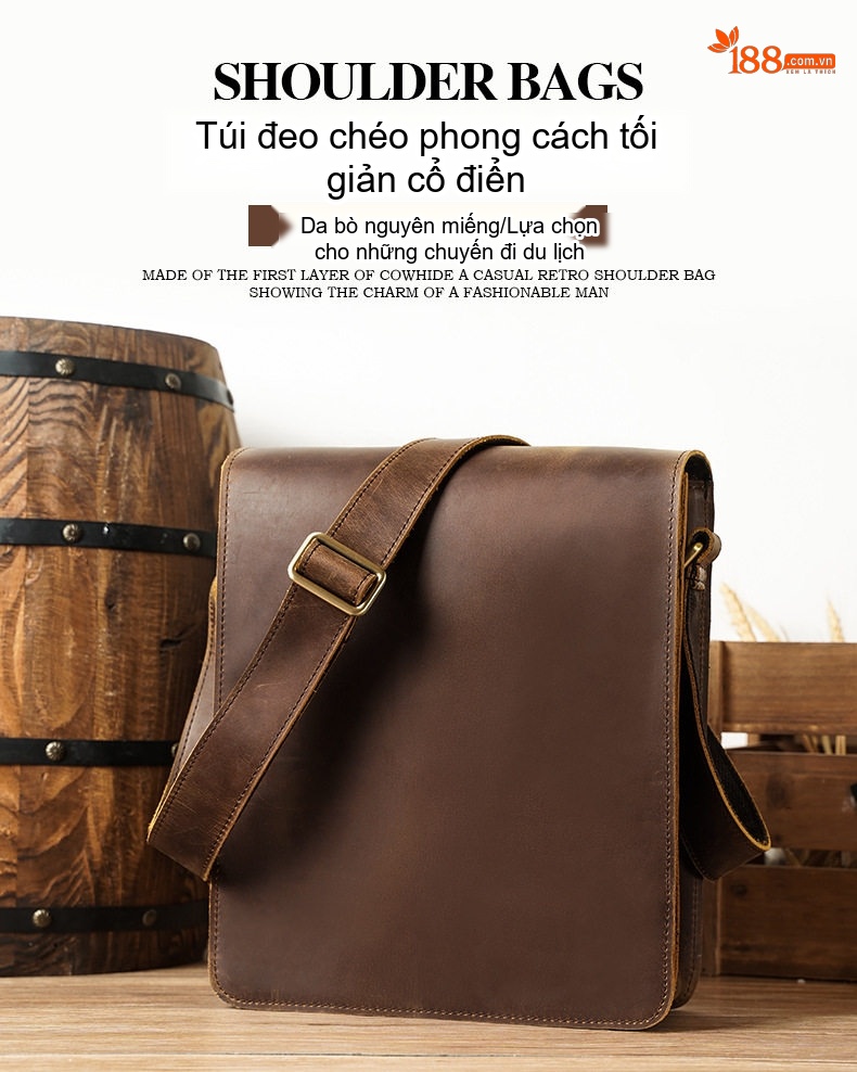 Túi Đeo Chéo Nam Da Bò Sáp Đựng Vừa Laptop, Ipad Phong Cách Retro Âu Mỹ chi tiết 1