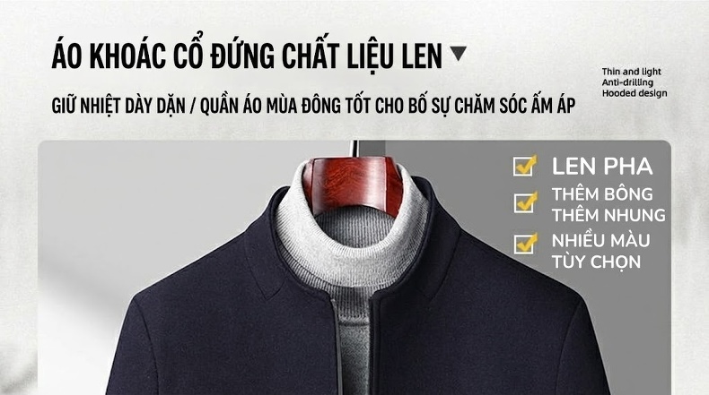 Áo Khoác Nam Cổ Trụ Lót Lông Cừu Mùa Thu Đông Màu Đen, Xanh Navy, Xám chi tiết 1