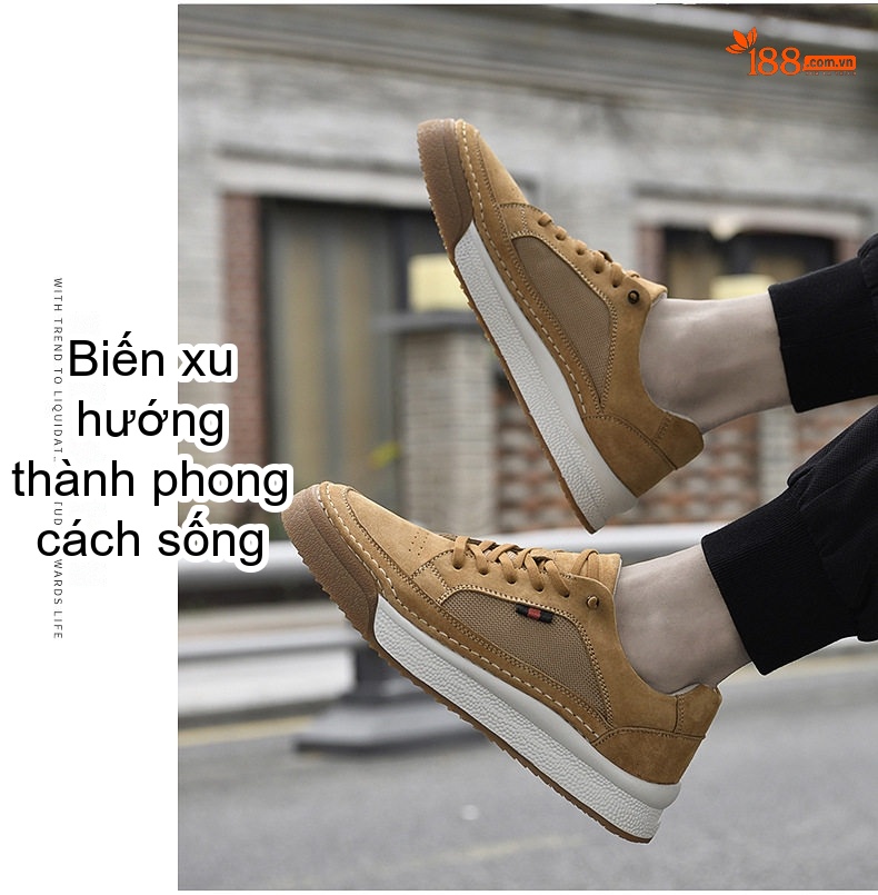 Giày Thể Thao Nam Da Thật Mặt Lộn Chiều Cao Đế Khoảng 3.5cm Màu Nâu, Be chi tiết 16