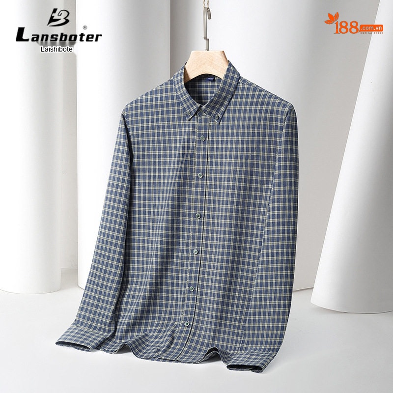 Áo Sơ Mi Nam Tay Dài Cotton Kẻ Sọc Mài Lông Dáng Ôm Vừa Vặn Màu Xanh Dương, Xám