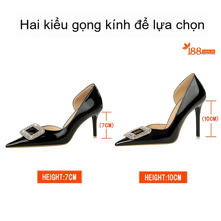 Giày Cao Gót Nữ Hở Bên Da Bóng Mũi Nhọn Đính Đá Chiều Cao Đế Khoảng 8cm Màu Đen, Đỏ, Nude chi tiết 1