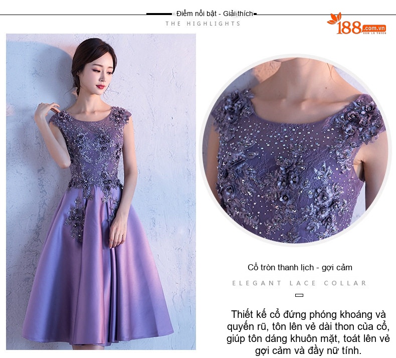 Váy Dạ Hội Dáng Dài Xòe Dự Tiệc Trang Trọng Thêu Hoa Màu Tím chi tiết 3