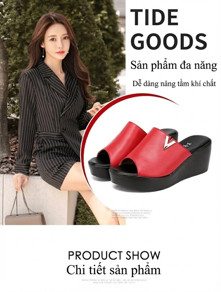 Dép Quai Ngang Nữ Da Bò Đế Xuồng Chiều Cao Đế Khoảng 6cm Màu Đỏ, Đen chi tiết 3