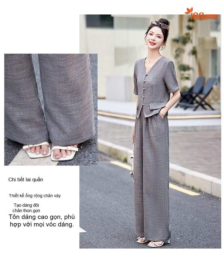 Bộ Quần Áo Nữ Cotton Linen Thiết Kế Áo Vest Tay Ngắn Quần Ống Rộng Phong Cách Thanh Lịch Màu Be, Xám chi tiết 9