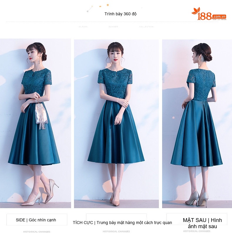 Váy Dự Tiệc dáng chữ A Cổ Tròn Tay Ngắn Dự Tiệc Cưới, Tiệc Tối Màu Xanh, Đỏ, Xanh Navy chi tiết 3