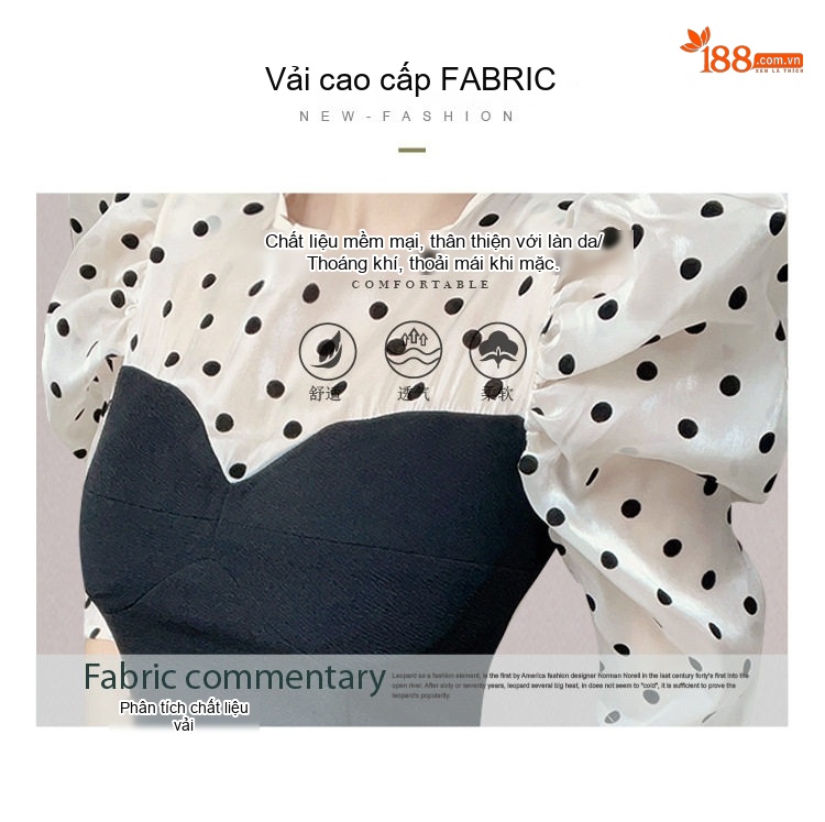 Váy Ôm Body Nữ Tay Bồng Họa Tiết Chấm Bi Cổ Tròn Màu Đen chi tiết 3