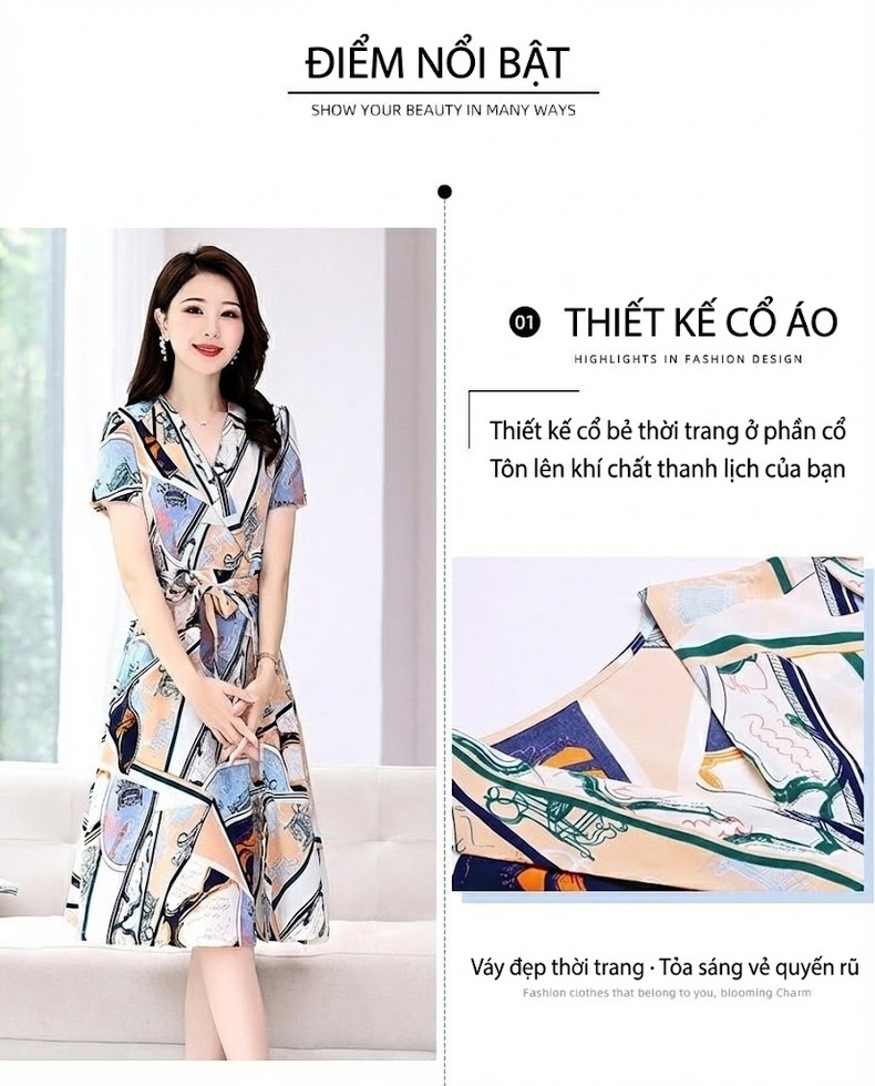 Váy liền thân Nữ Thiết Kế Pháp Eo Cao Tay Ngắn Họa Tiết chi tiết 4
