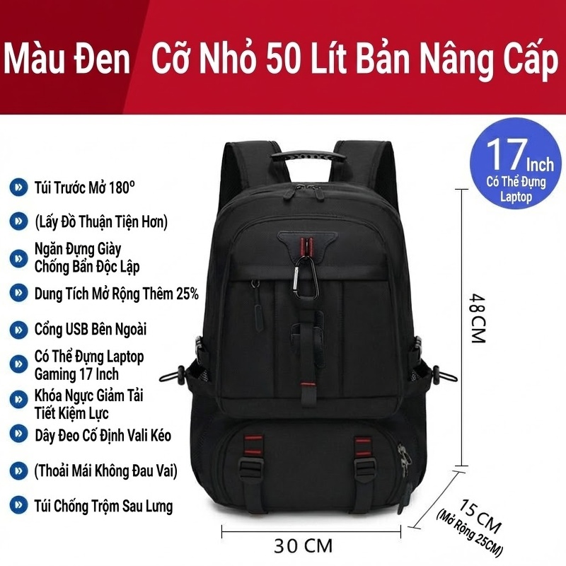 Balo Du Lịch Nam Thể Thao Ngoài Trời Đa Năng Chống Thấm Nước Sức Chứa Lớn Màu Đen chi tiết 7