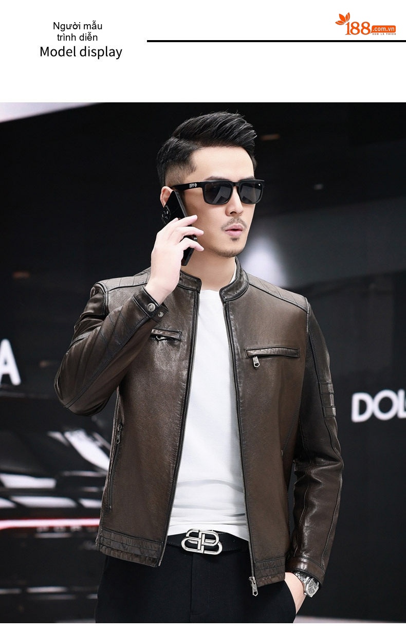 Áo Khoác Da Cừu Nam Dáng Ngắn Cổ Trụ Phong Cách Biker Màu Nâu chi tiết 9