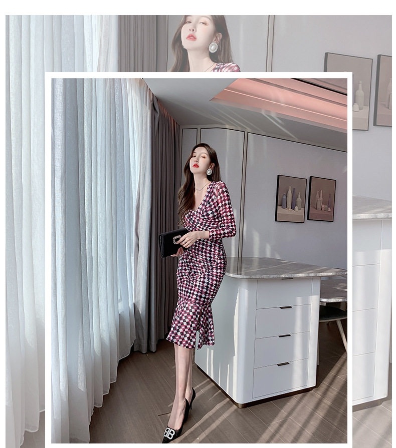 Váy Ôm Body Nữ Cổ Chữ V Họa Tiết Kẻ Caro Dáng Đuôi Cá Dài Tay Màu Đỏ, Đen, Trắng chi tiết 1