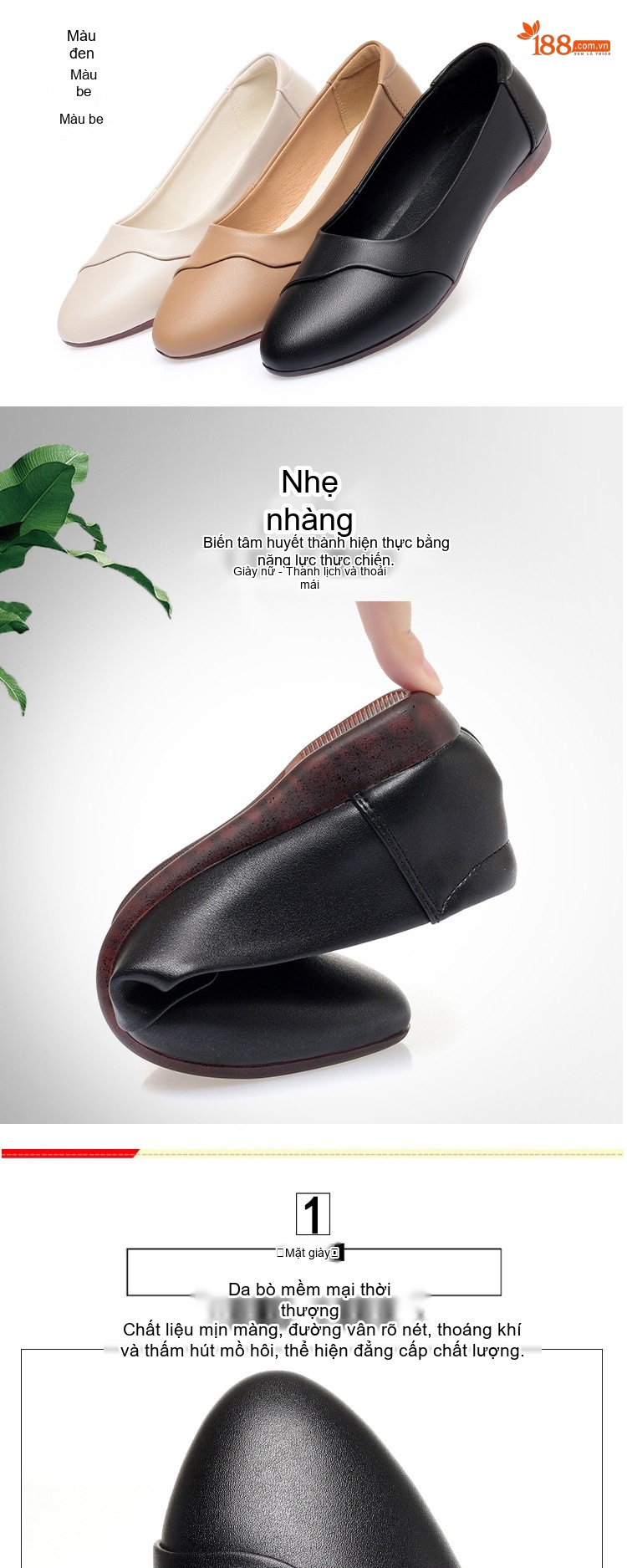 Giày Búp Bê Nữ Da Mềm Đế Mềm Thoải Mái Chiều Cao Đế Khoảng 1cm Màu Kem, Đen, Nâu chi tiết 2