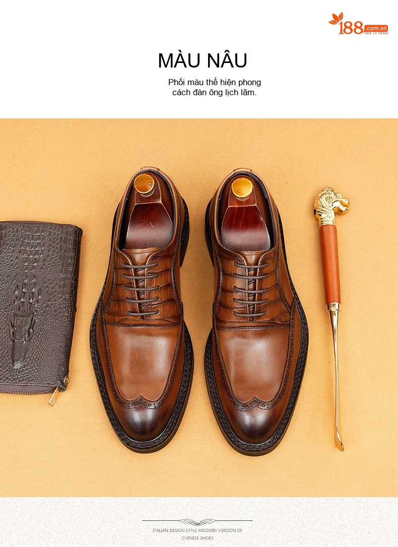Giày Tây Mũi Nhọn Nam Da Thật Vân Cá Sấu Brogue Chiều Cao Đế Khoảng 3cm Màu Đen, Nâu chi tiết 12