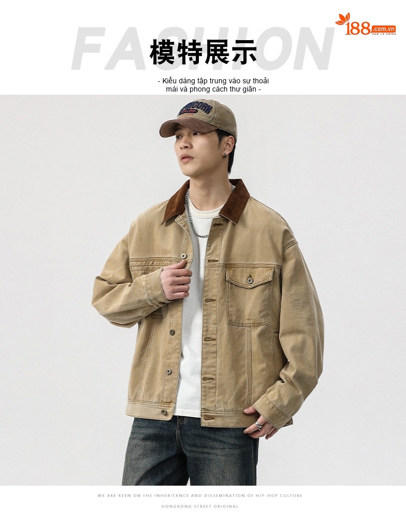 Áo Khoác Jeans Nam Cổ Bẻ Vải Canvas Form Rộng Phong Cách Mỹ Màu Be chi tiết 5