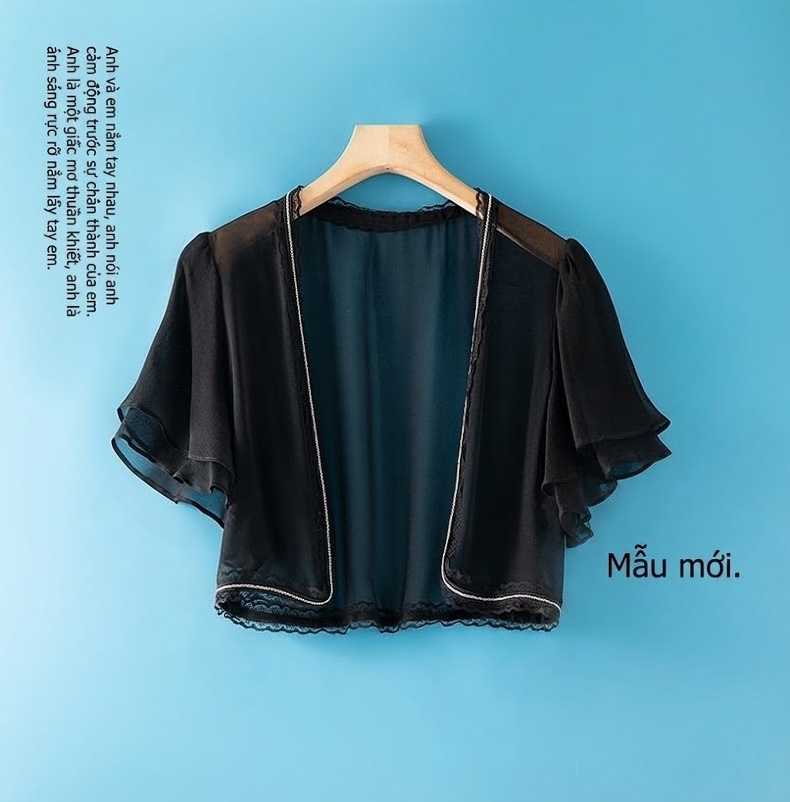 Áo Khoác Cardigan Nữ Mỏng Vải Lụa Tơ Tằm Chống Nắng Họa Tiết Ren Ngắn Tay Màu Đen chi tiết 1