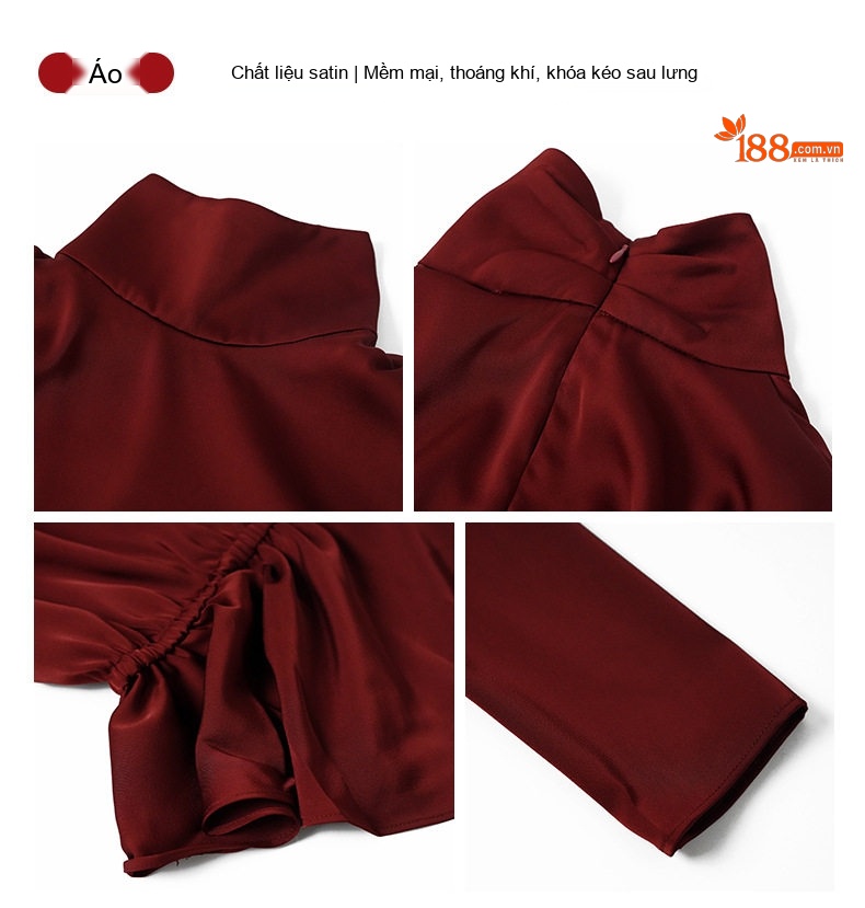 Set Áo Nữ Cổ Lọ Tay Dài Bèo Nhún Eo Và Chân Váy Bất Đối Xứng Thanh Lịch Màu Đen, Đỏ chi tiết 5