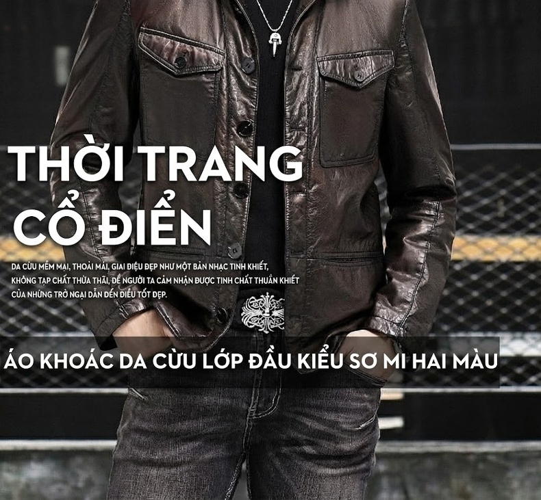 Áo Khoác Da Thật Nam Dáng Dài Vừa Cổ Bẻ Túi Hộp Phong Cách Retro Màu Nâu Đen chi tiết 2