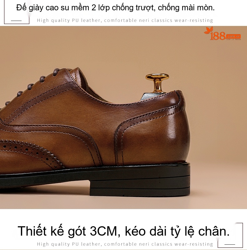 Giày Tây Oxford Nam Da Bò Buộc Dây Phong Cách Anh Quốc Chiều Cao Đế Khoảng 3cm Màu Nâu, Đen chi tiết 6