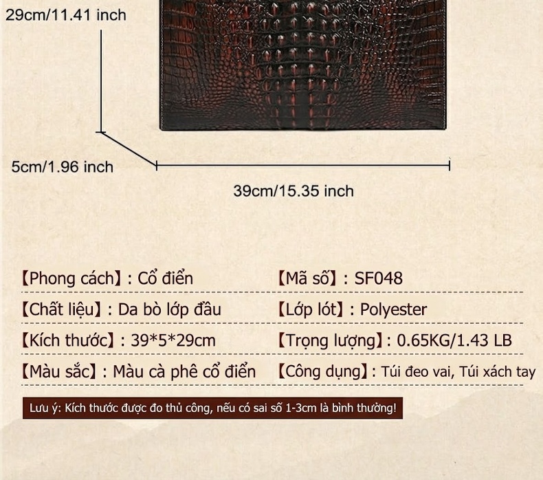 Túi Xách Tay Nam Da Bò Vân Cá Sấu Công Sở, Đựng Tài Liệu, Đeo Chéo Màu Nâu Đen chi tiết 1