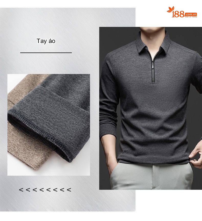 Áo Polo Nam Dài Tay Khóa Kéo Chất Liệu Cotton, Lụa Tằm, Len Lông Cừu Phong Cách Tối Giản Màu Xanh Navy, Nâu, Xám, Đen... chi tiết 4